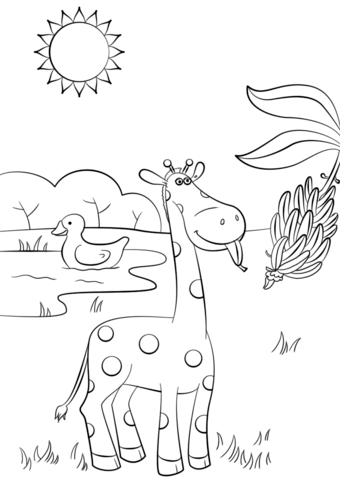 Giraffe Eating Banana Coloring Page